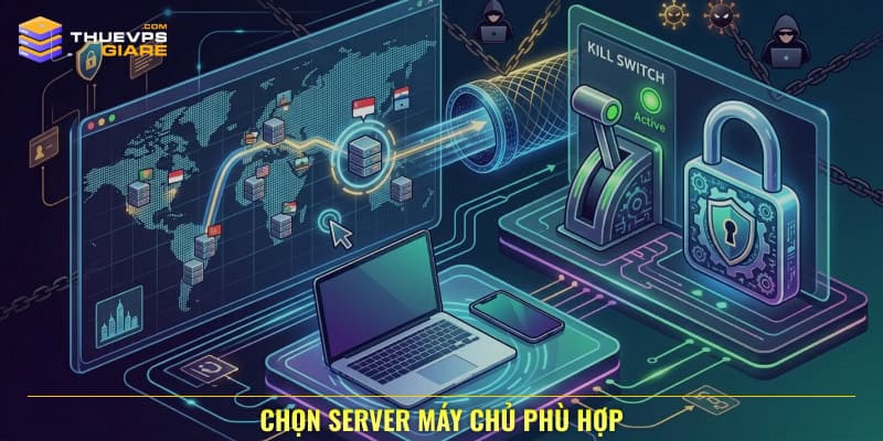 Cách đổi VPN Fake IP an toàn, đơn giản cho người mới 5 Chọn server máy chủ phù hợp và luôn đảm bảo tính năng Kill Switch đã được kích hoạt