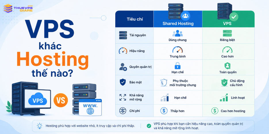 So sánh sự khác nhau giữa VPS và Hosting