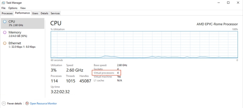 Kiểm tra số lượng vCore trên Windows ở Task Manager