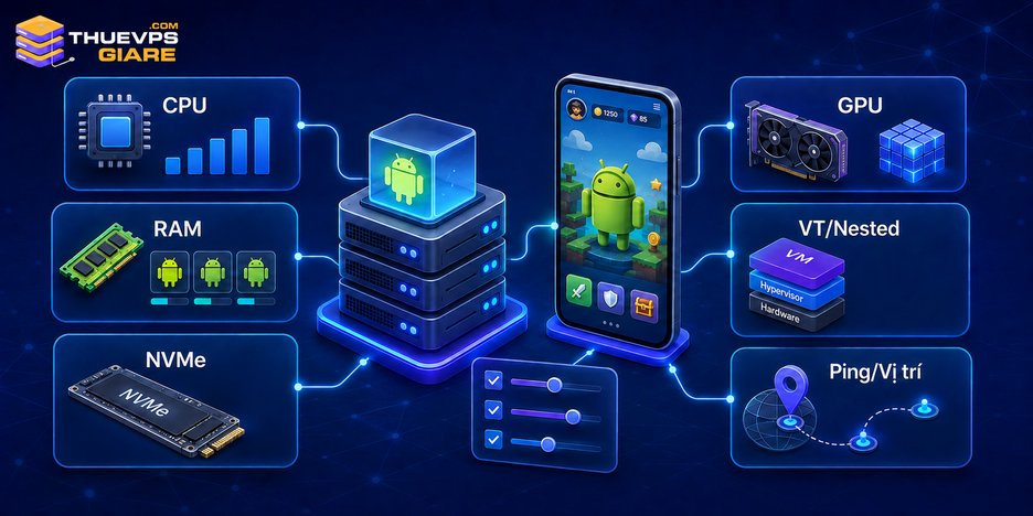 VPS Android Là Gì? Cách Chọn Cấu Hình Treo Game 24/7 6 Các tiêu chí chọn cấu hình VPS Android gồm CPU, RAM, NVMe, GPU, ảo hóa và vị trí máy chủ