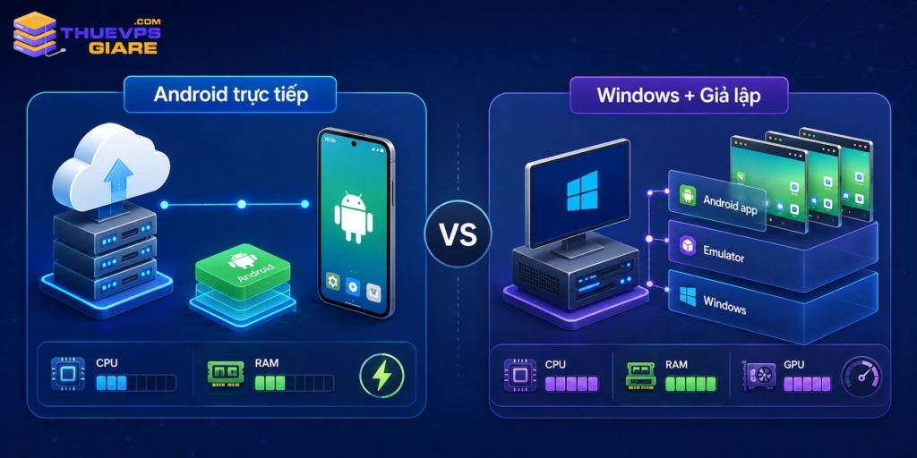 VPS Android Là Gì? Cách Chọn Cấu Hình Treo Game 24/7 5 Hai mô hình VPS Android chạy trực tiếp và VPS Windows chạy giả lập.