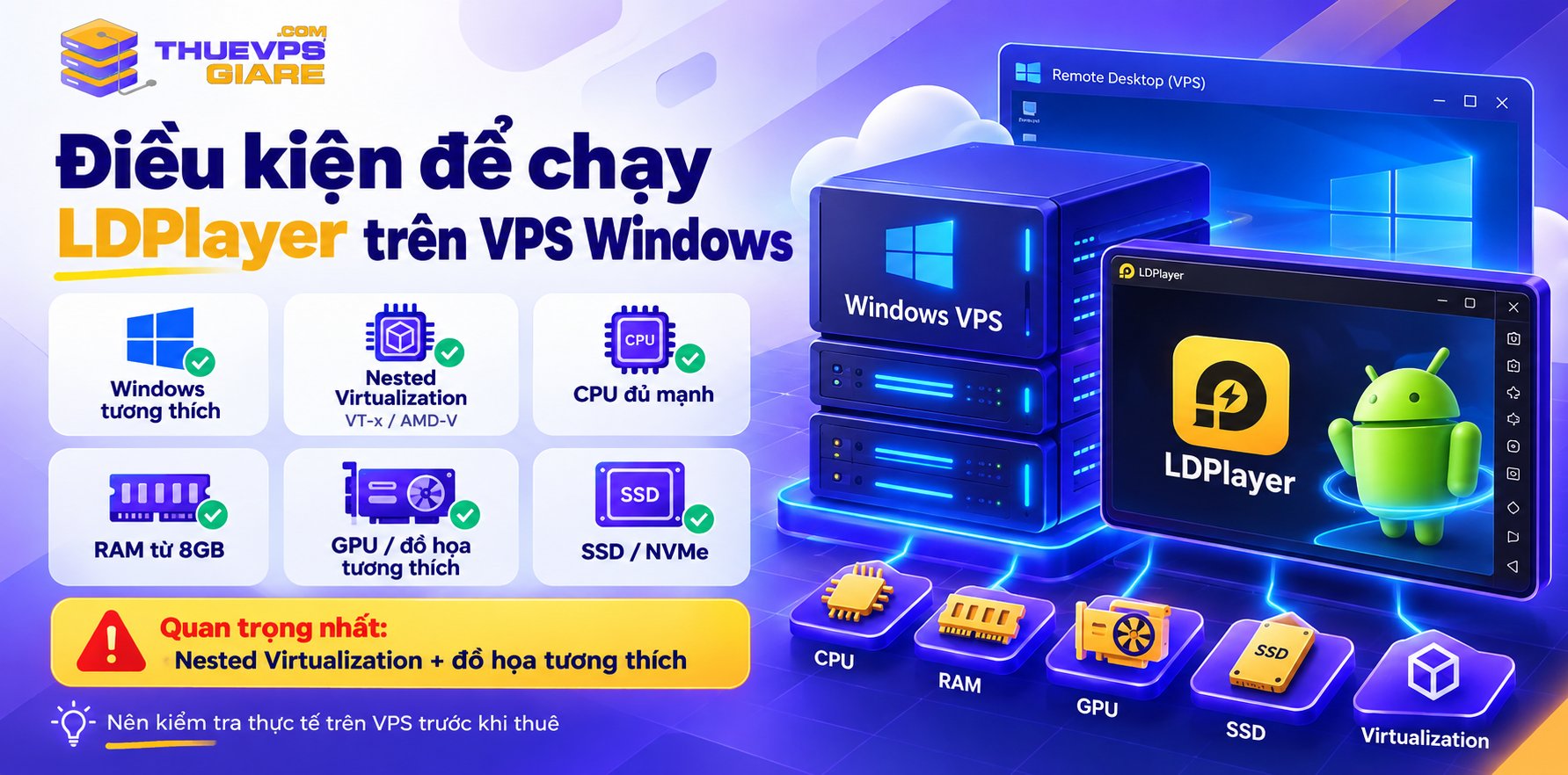 LDPlayer VPS – Hướng Dẫn Chạy Giả Lập Android Trên VPS 24/7 6 Điều kiện chạy LDPlayer trên VPS Windows: CPU, RAM, GPU và Nested Virtualization
