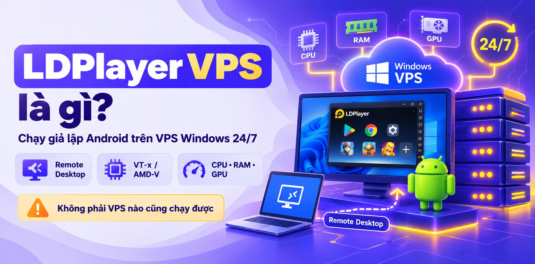 LDPlayer VPS – Hướng Dẫn Chạy Giả Lập Android Trên VPS 24/7 5 Mô hình chạy LDPlayer trên VPS Windows qua Remote Desktop 24/7
